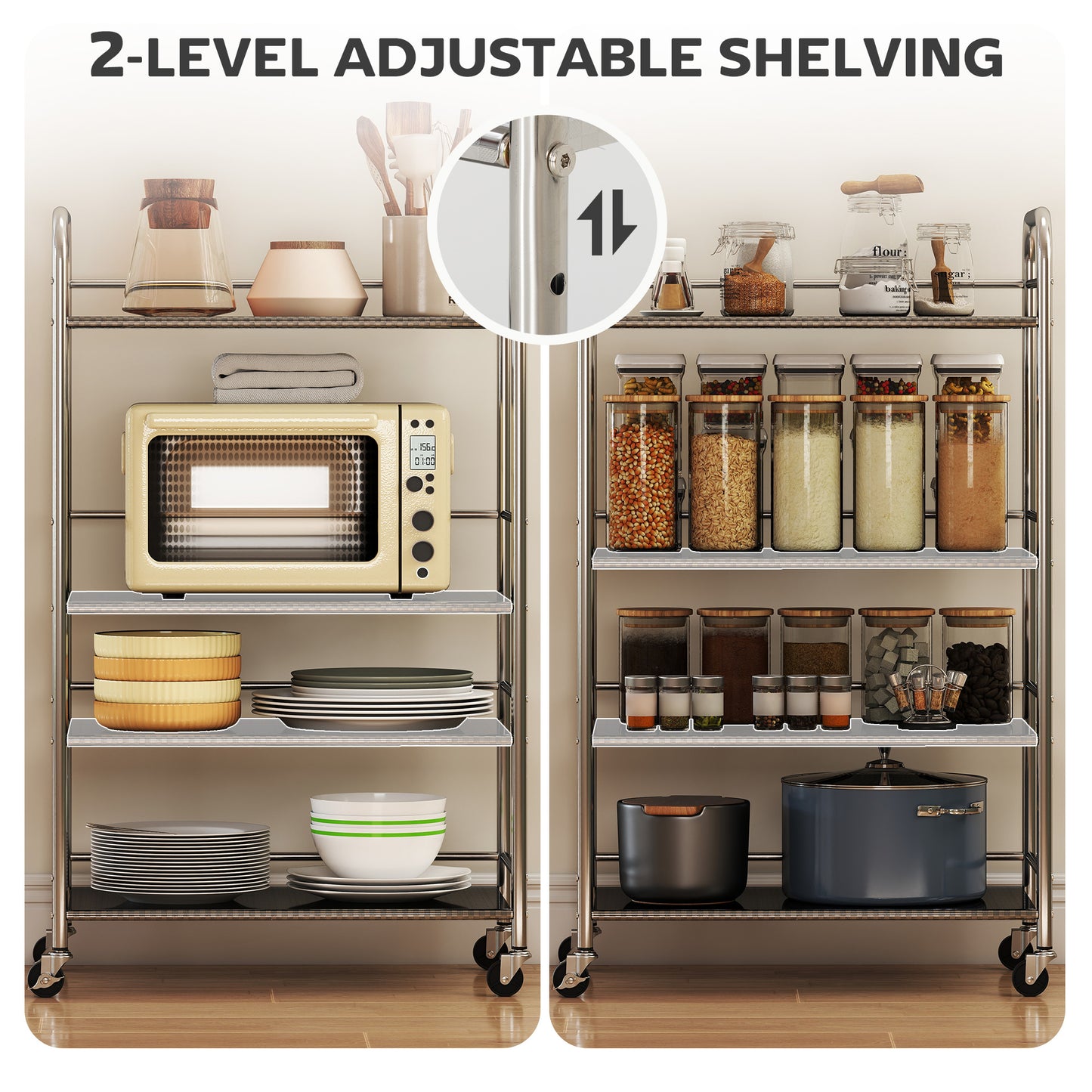 HOMCOM 4 Tier Stainless Steel Kitchen Storage Trolley with Adjustable Shelves - Silver