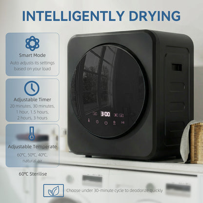 HOMCOM Vented Tumble Dryer, 4 kg Front Tumble Dryer with Stainless Steel Tub, 800W Compact Freestanding Black