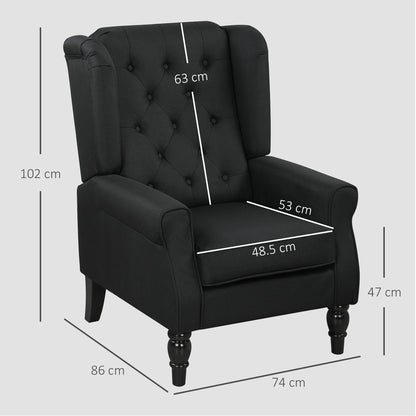 HOMCOM Wingback Accent Chair, Faux Linen Armchair with Thick Spring Cushion, High Back, Solid Wood Legs, Retro Button Tufted Reading Chair for Living Room, Bedroom, Black