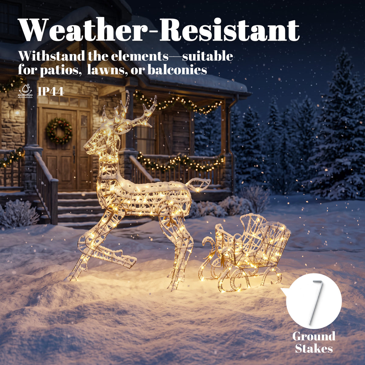 Outsunny Lighted Reindeer and Sleigh Set, 2-Piece PP Rattan Outdoor Christmas Decoration with LEDs, 8 Modes, Daily Timer
