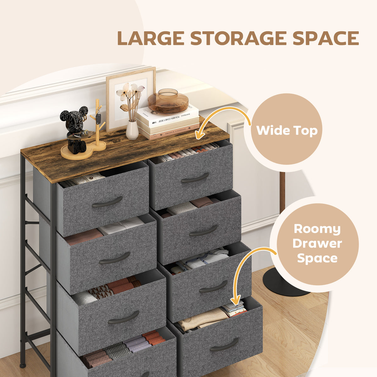 HOMCOM Fabric Chest of Drawers, Industrial Bedroom Dresser with 8 Fabric Drawers, Steel Frame and Wooden Top for Nursery, Living Room, Hallway, Rustic Brown and Grey-Dressers-ChewyGames-HOMCOM