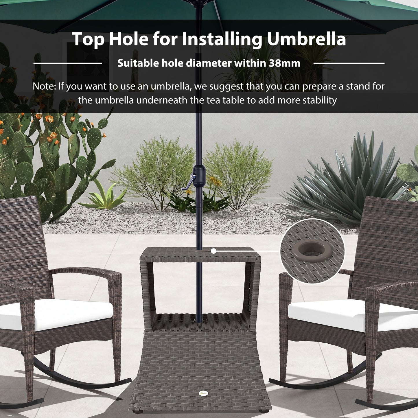 Outsunny Rattan Outdoor Coffee Table, Wicker Garden Patio Bistro Side Table with Umbrella Hole and Storage Space, Dark Grey