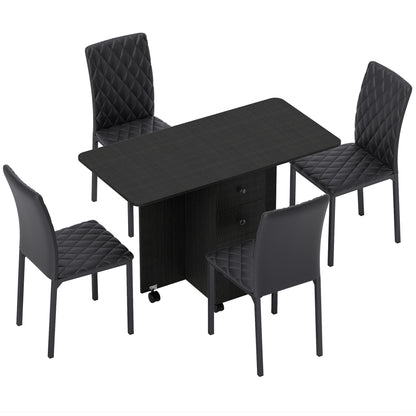 HOMCOM Dining Table Set, Folding Drop Leaf Table with Storage and 4 Chairs, Black