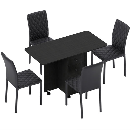 HOMCOM Dining Table Set, Folding Drop Leaf Table with Storage and 4 Chairs, Black