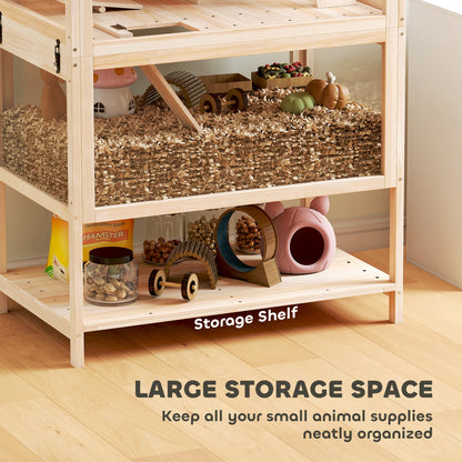 PawHut Wooden Hamster Cage with Detachable Lower Floor, Storage Shelf, Hut, Seesaw, Exercise Wheel, Ramps for Hamster