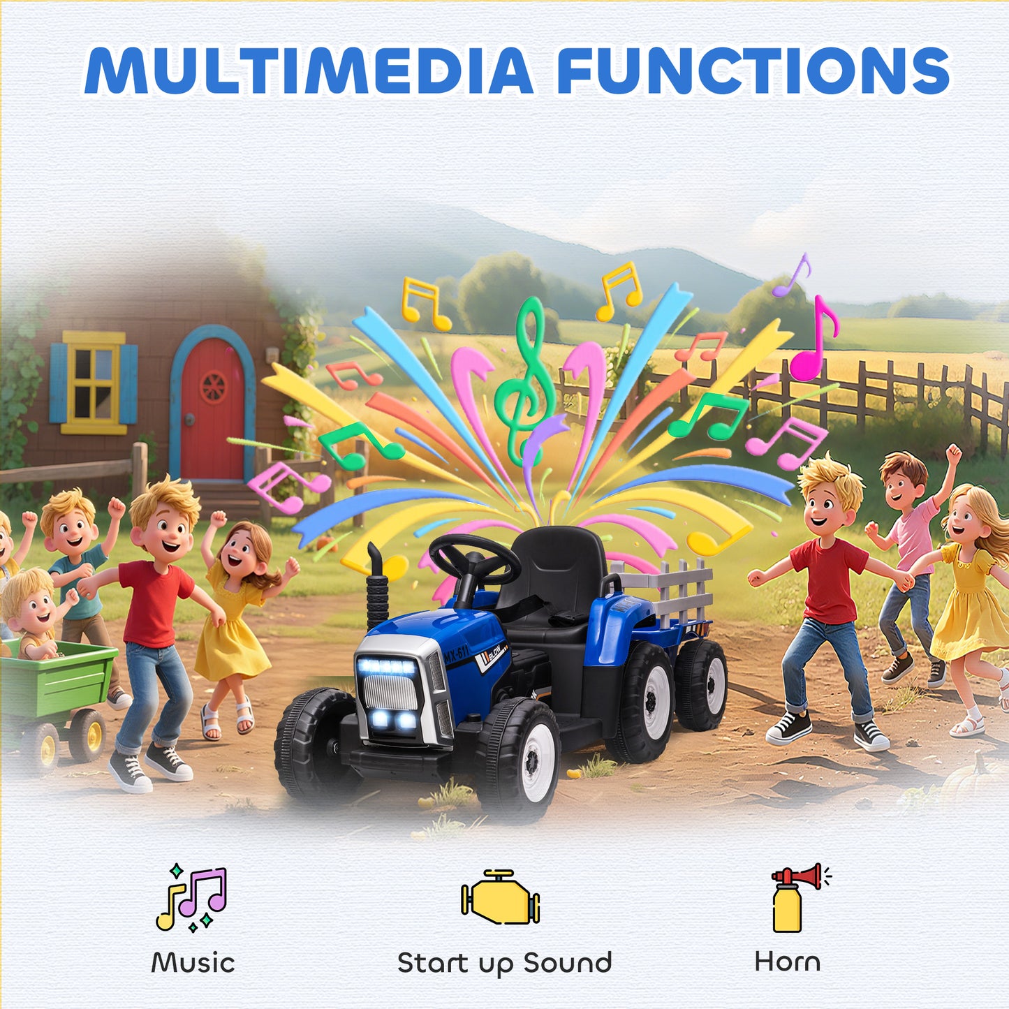 HOMCOM Ride On Tractor, Battery Powered Electric Car, with Detachable Trailer, Remote Control, Music, Blue