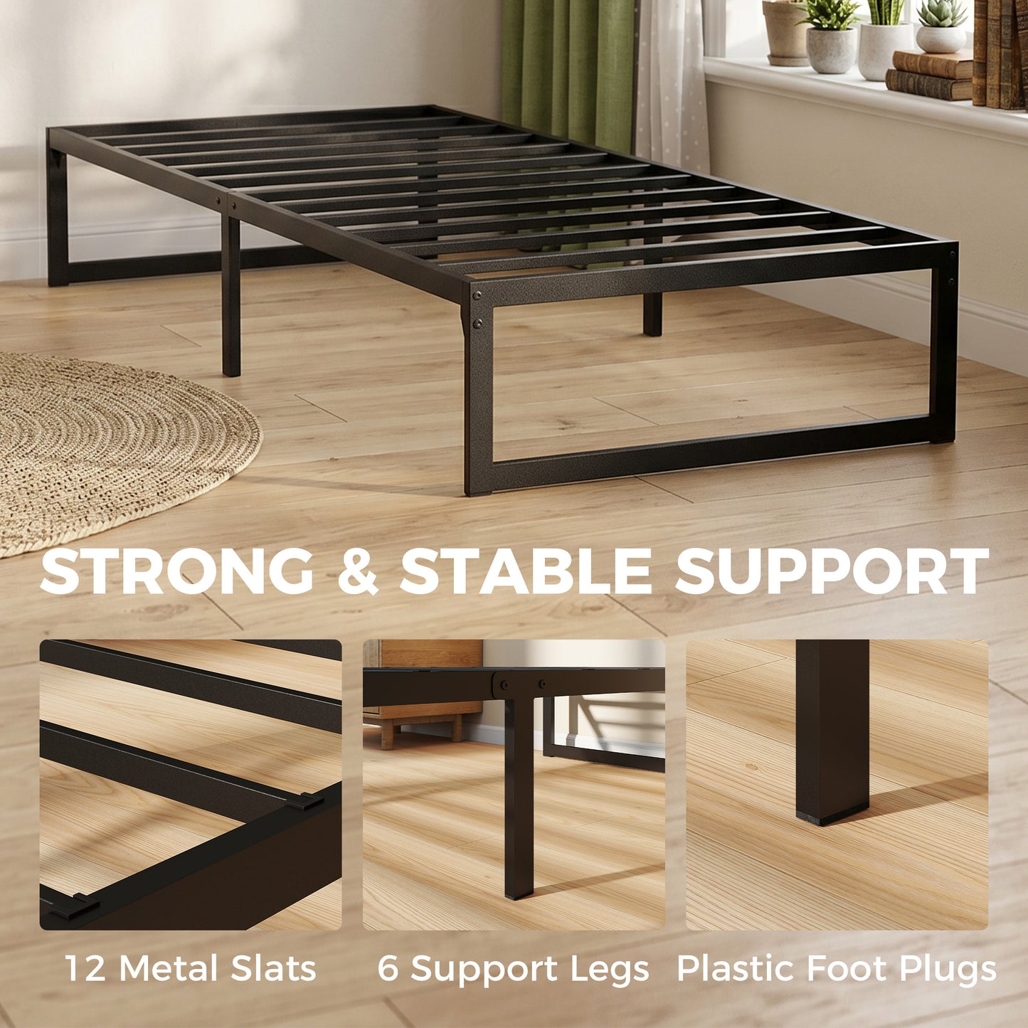 HOMCOM 3ft Single Bed Frame with Underbed Storage and Steel Slat Support, 32.5 cm Height, Noise-Free, Black