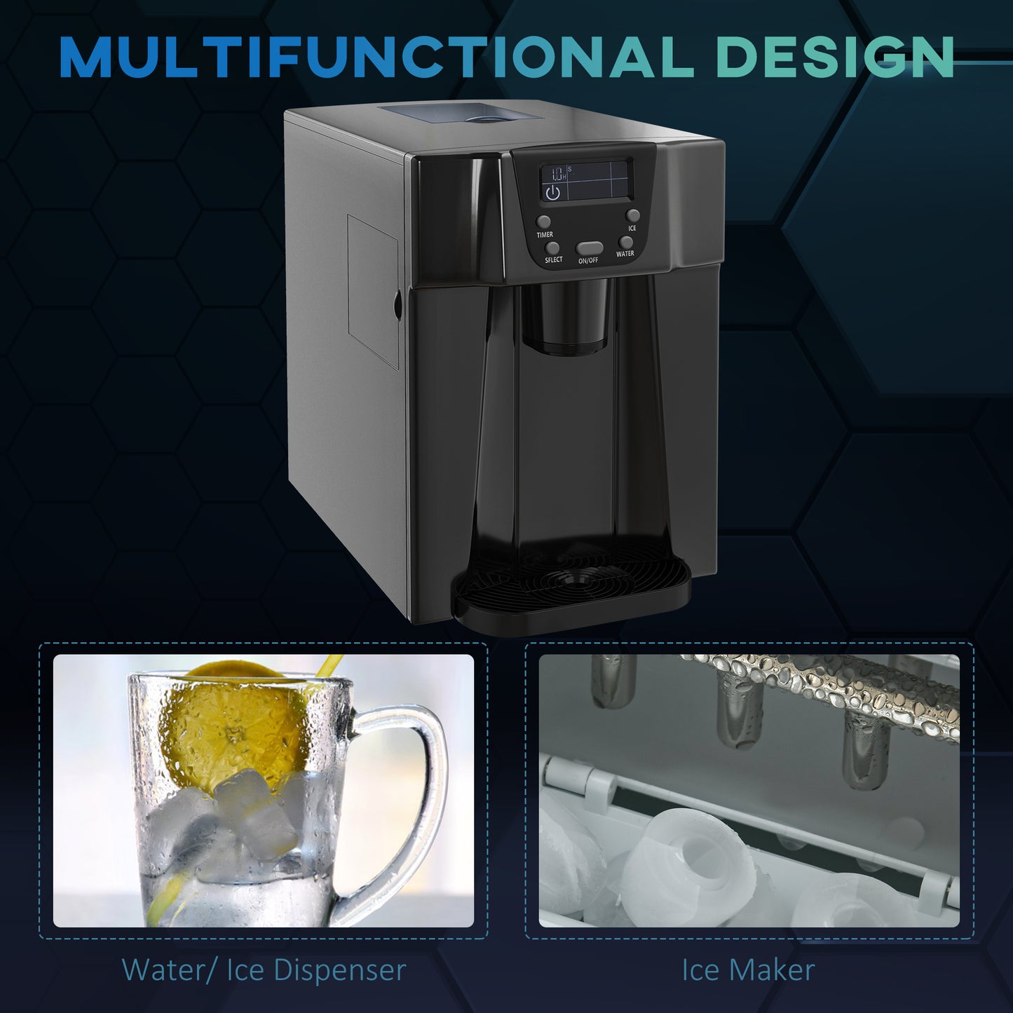 HOMCOM 3L Ice Maker Machine and Water Dispenser, 12kg in 24H, 2 Sizes 9 Ice Cubes Ready in 6-10 Mins Ice Machine, Black