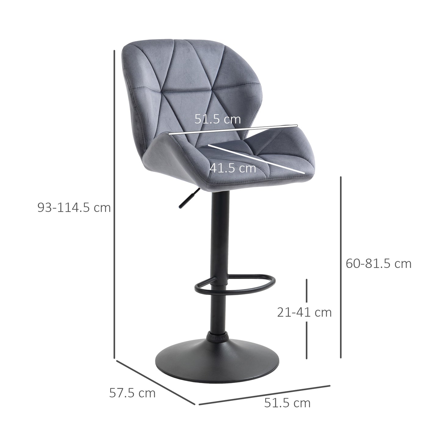 HOMCOM Bar Stools Set Of 2, Luxurious Velvet-Touch Barstools with Metal Frame Footrest Round Base Triangle Indenting Moulded Seat Adjustable Height Swivel Dark Grey