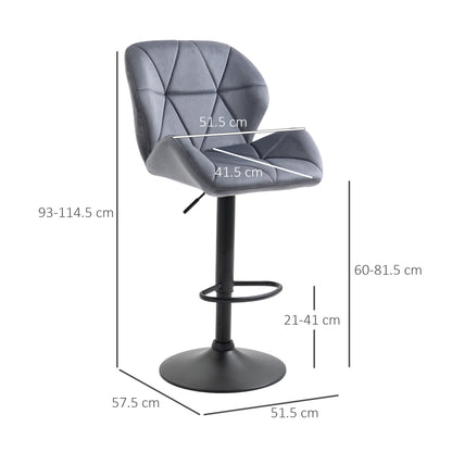 HOMCOM Bar Stools Set Of 2, Luxurious Velvet-Touch Barstools with Metal Frame Footrest Round Base Triangle Indenting Moulded Seat Adjustable Height Swivel Dark Grey
