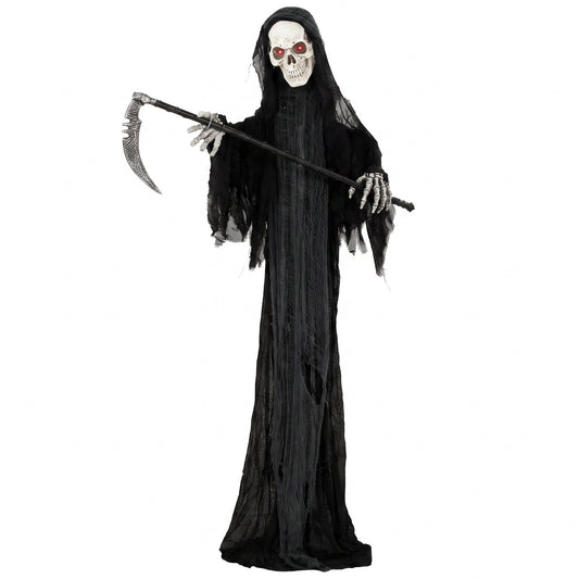 HOMCOM 183cm Life Size Animated Grim Reaper Halloween Decoration, Scary Halloween Animatronics Decor with Sound Touch Activated