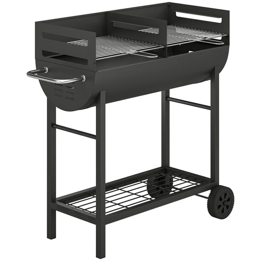 Outsunny Charcoal Barbecue Grill with 2 Cooking Areas, Portable BBQ Trolley with Wheels, Height Adjustable Grates, Bottom Shelf
