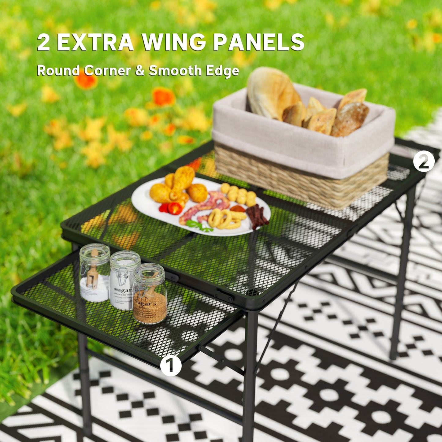 Outsunny Folding Grill Table, 4.5ft Portable Camping Table with 2 Wing Panels, Height Adjustable Metal Picnic Table for Camping, Picnic and BBQ, Black