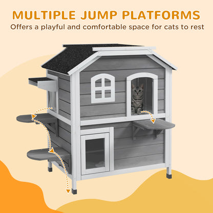 PawHut 2-story Cat House Outdoor, Weatherproof Wooden Cat Enclosure with Escape Door, Openable Roof, Jumping Platforms, Grey