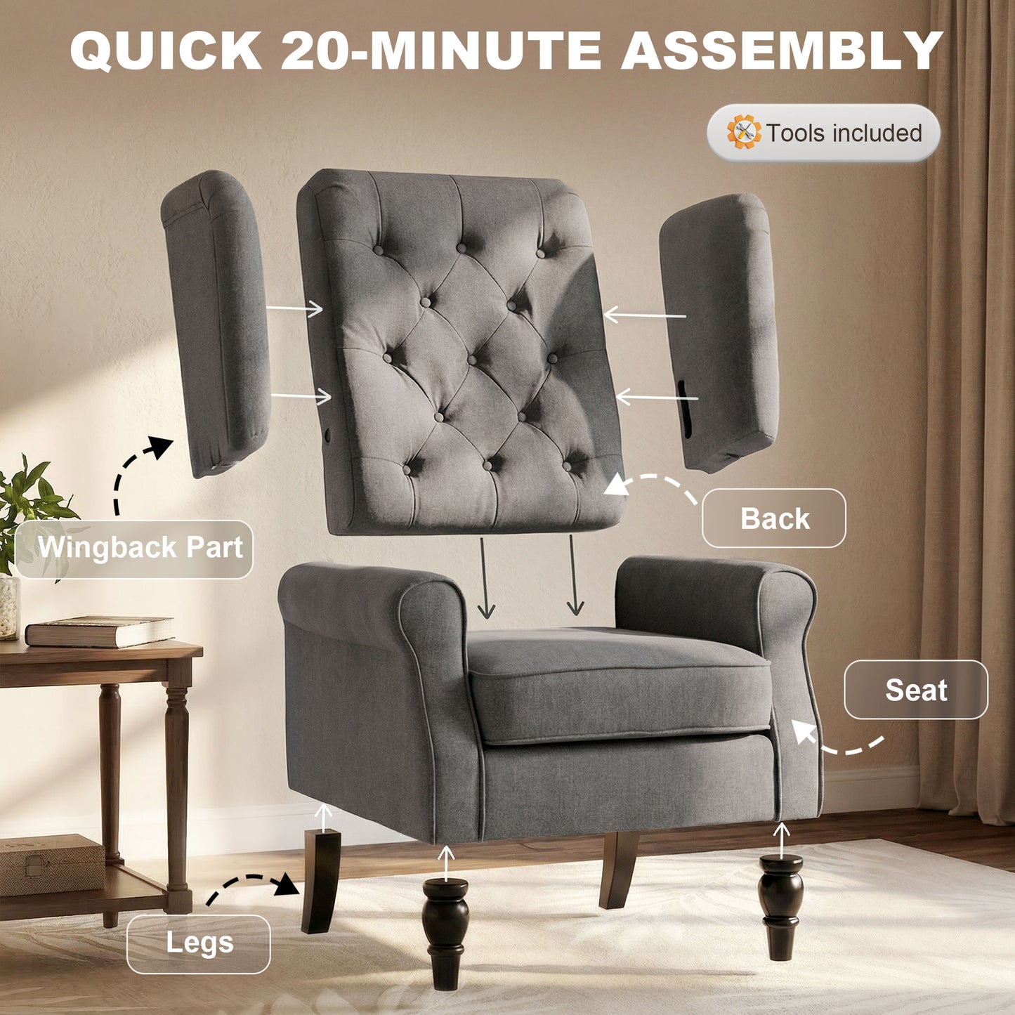HOMCOM Wingback Accent Chair, Snow Flannel Armchair with Thick Spring Cushion, High Back, Solid Wood Legs, Retro Button Tufted Reading Chair for Living Room, Bedroom, Dark Grey