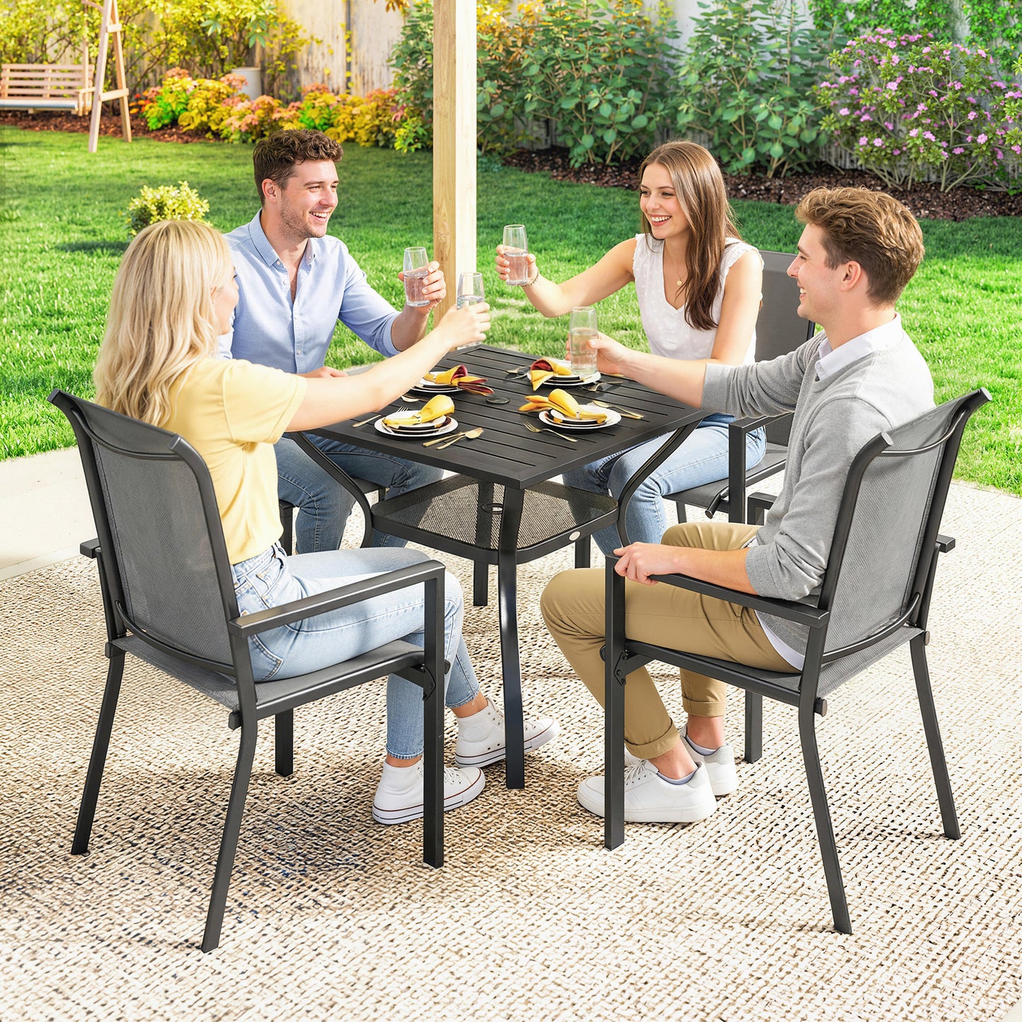 Outsunny 5 Pieces Outdoor Dining Set for 4, Garden Table and Stackable Chairs with Breathable Mesh Seat and Parasol Hole, Grey
