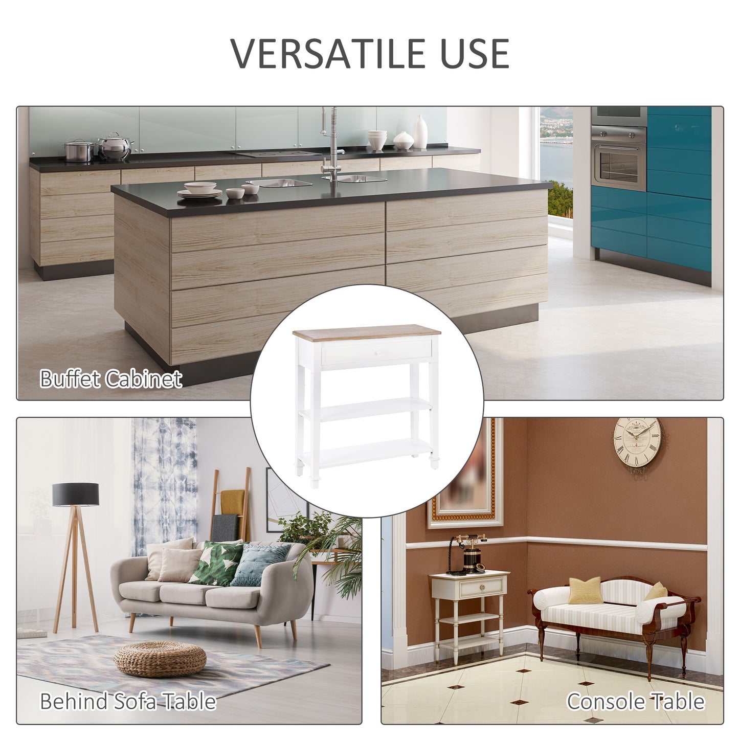 HOMCOM Console Table Hallway Side Desk 1 Drawer 2 Shelves Worktop Handle Retro Elegant Style Home Display Storage for Bedroom Livingroom