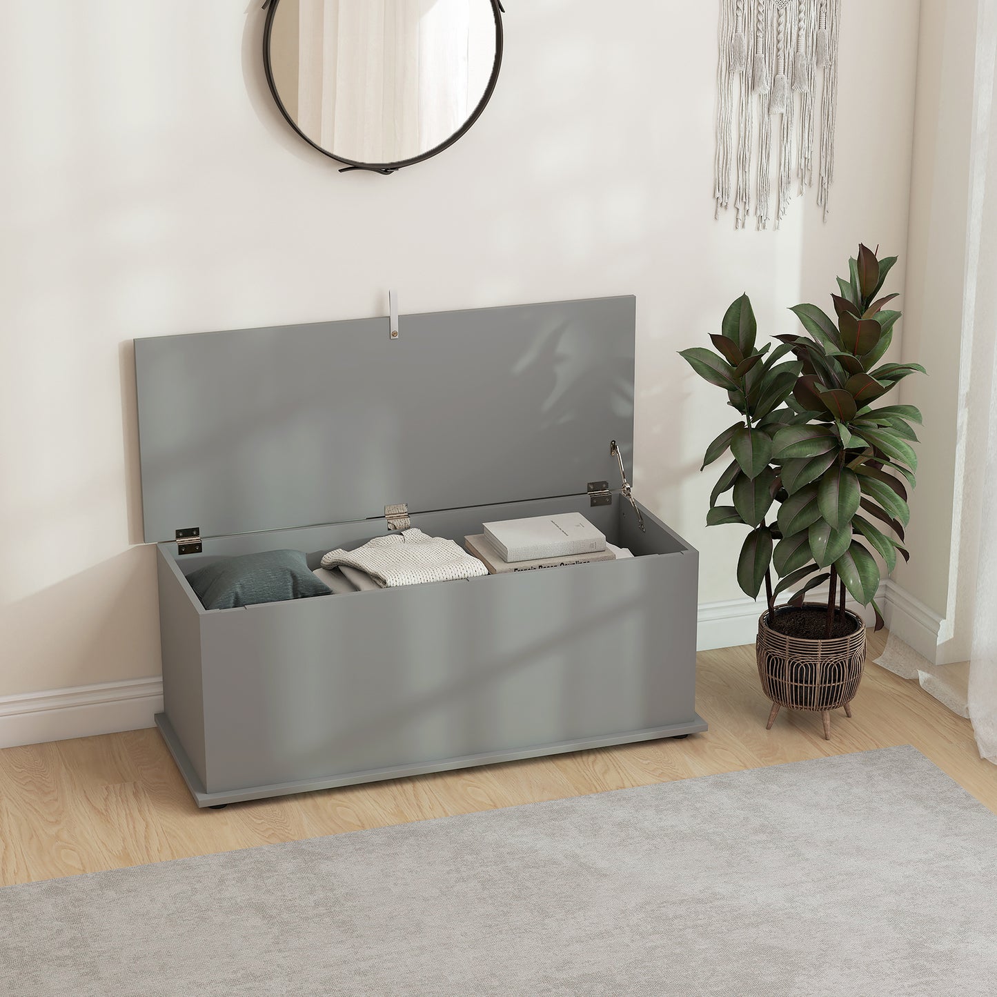 HOMCOM Storage Chest, Large 113L Blanket Box, Shoe Bench with Safety Hinged Lid, Storage Trunk, Bed End Bench for Bedroom, Hallway, Living room, Playroom, 100 x 40 x 40cm, Grey--ChewyGames-ChewyGames