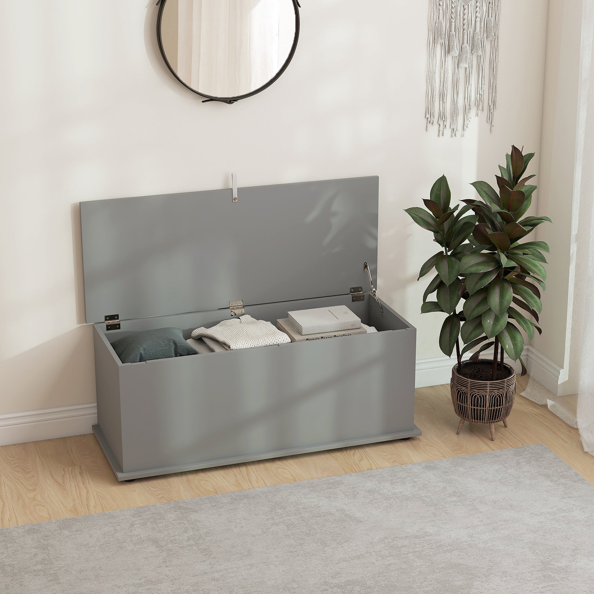 HOMCOM Storage Chest, Large 113L Blanket Box, Shoe Bench with Safety Hinged Lid, Storage Trunk, Bed End Bench for Bedroom, Hallway, Living room, Playroom, 100 x 40 x 40cm, Grey--ChewyGames-ChewyGames