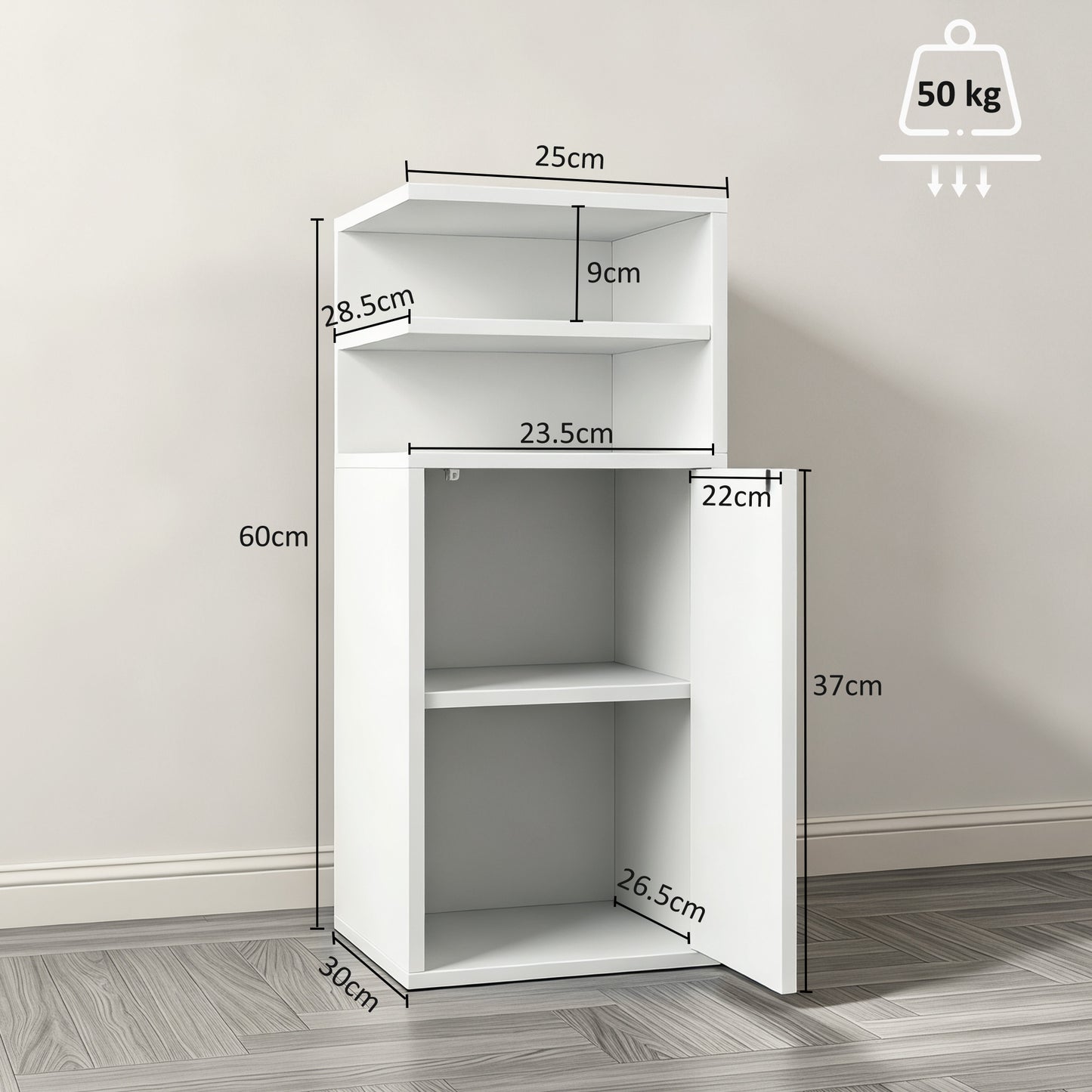 HOMCOM Slim Bedside Table Set of 2, Narrow Bedside Cabinet with Open Cubbies and Cupboard for Bedroom Living Room, White