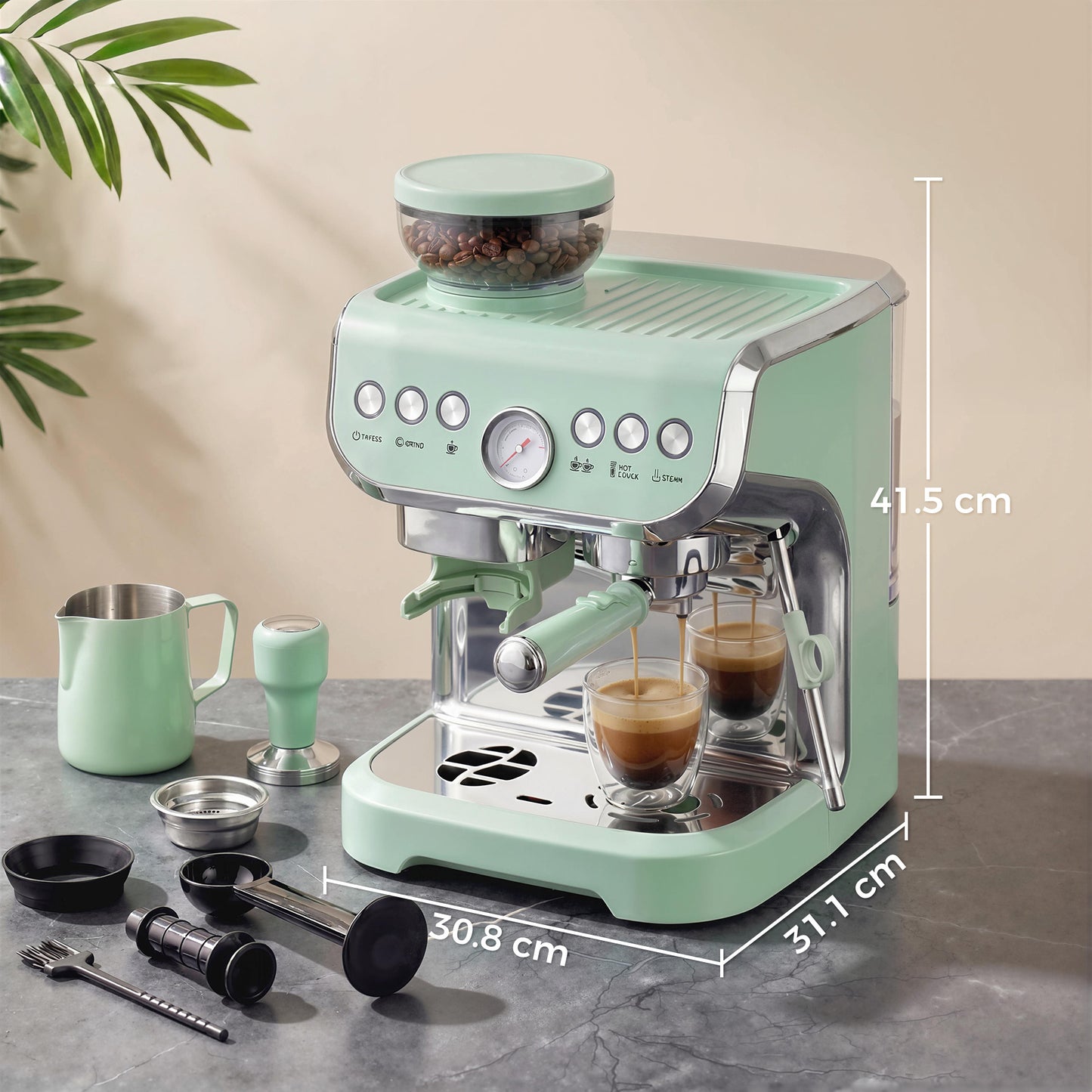 HOMCOM 15 Bar Coffee Machine, with Adjustable Grind, Steamer and Accessories - Light Green