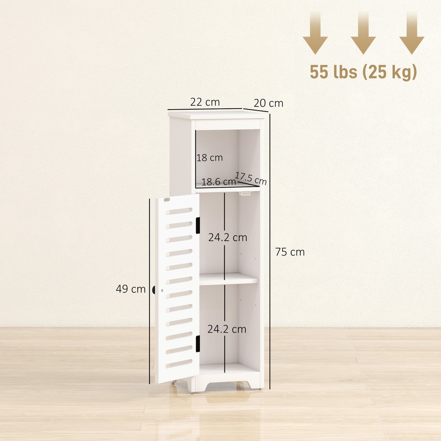 HOMCOM Bathroom Floor Cabinet, Bathroom Storage Unit with Louvered Door, Open Shelf, Adjustable Shelf, White, 22 x 20 x 75 cm