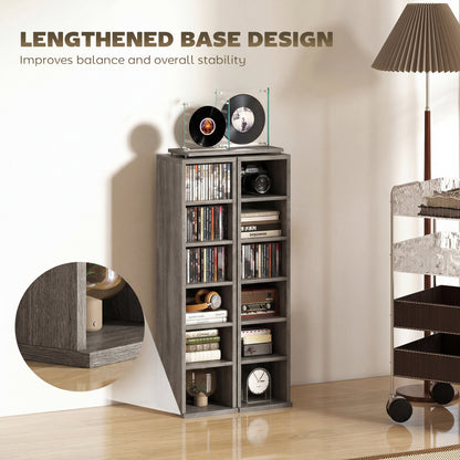 HOMCOM Set of 2 CD Media Display Shelf Unit Tower Rack with Adjustable Shelves, Distressed Grey