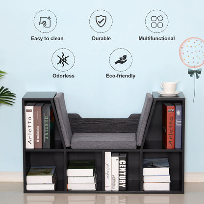 HOMCOM Bookcase Storage Shelf with Cushioned Reading Seat, Cube Bookshelf Organizer for Bedroom Living Room, Black