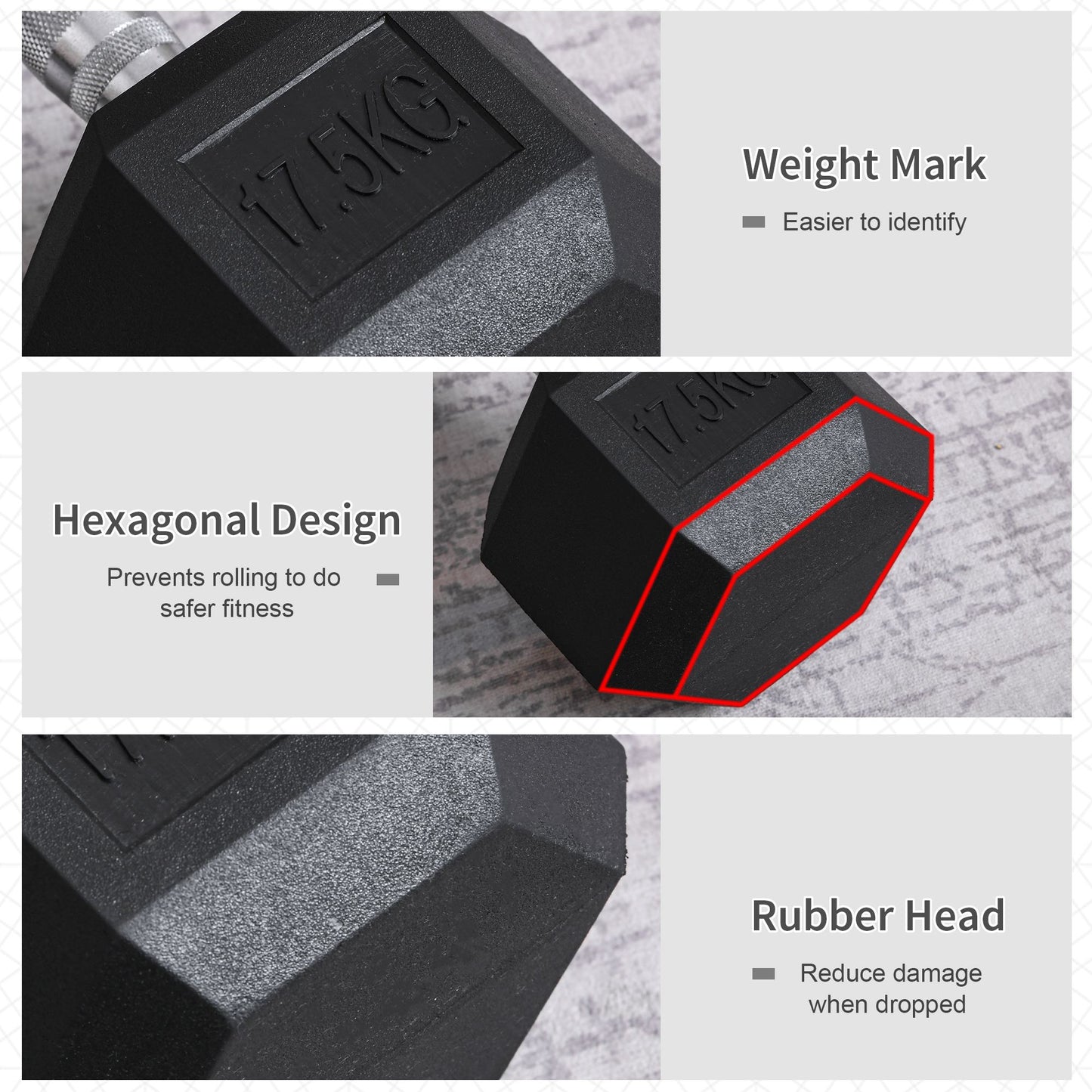 HOMCOM 2 x 17.5KG Rubber Hex Dumbbell Portable Hand Weights Dumbbell Home Gym Workout Fitness Hand Dumbbell