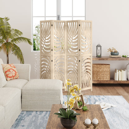 HOMCOM 4 Panel Privacy Screens, Detachable Folding Room Divider with Palm Leaf Design for Home Office, Natural Wood Finish