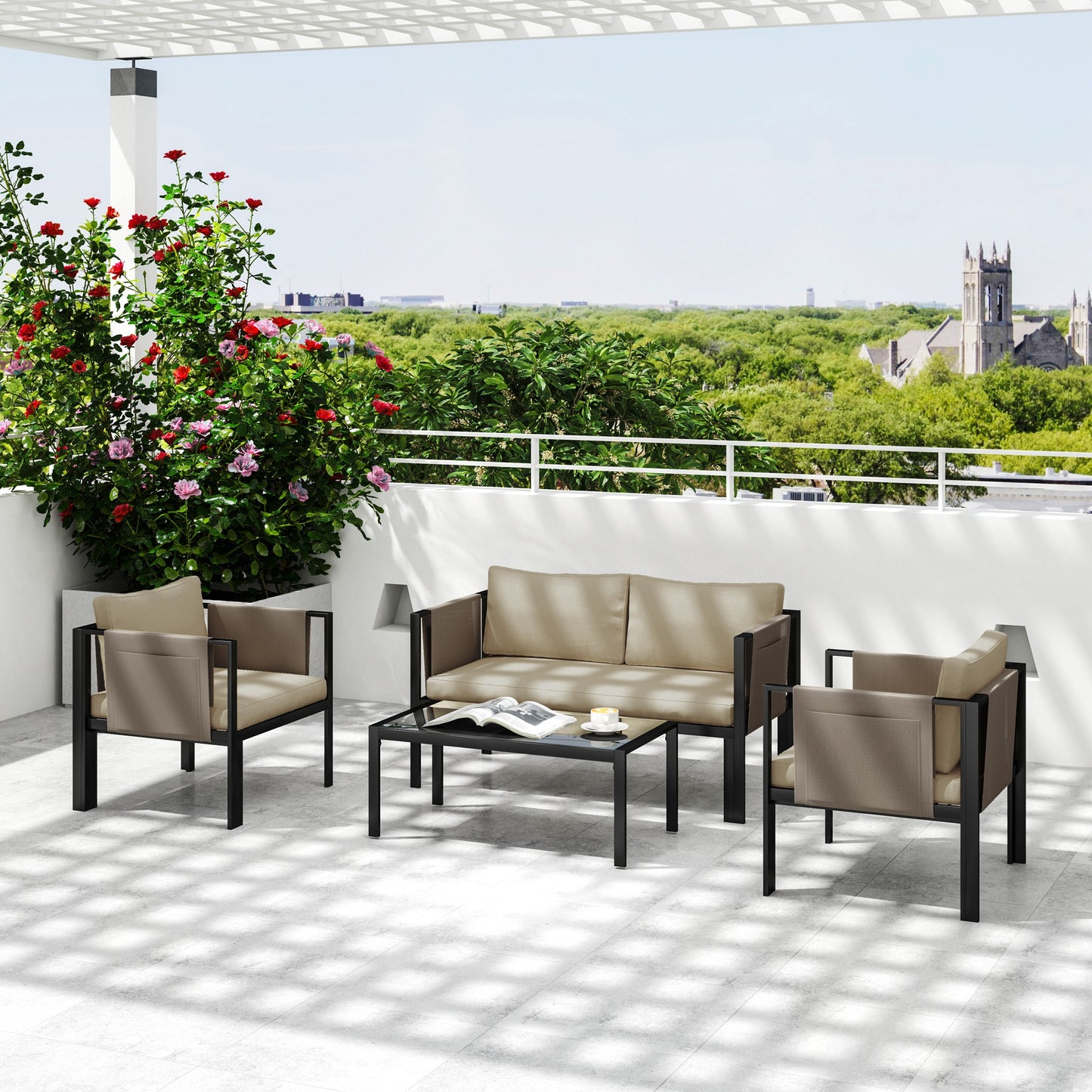 Outsunny 4 Piece Metal Garden Furniture Set with Tempered Glass Coffee Table, Texteline Pocket, Outdoor Set Loveseat Single Armchairs with Padded Cushions, Khaki