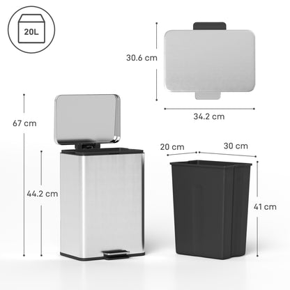 HOMCOM 20L Kitchen Bin with Soft-Close Lid and Stay-Open Function, Stainless Steel Pedal Bin with Removable Inner Bucket for Kitchen, Office, Home, Silver Tone