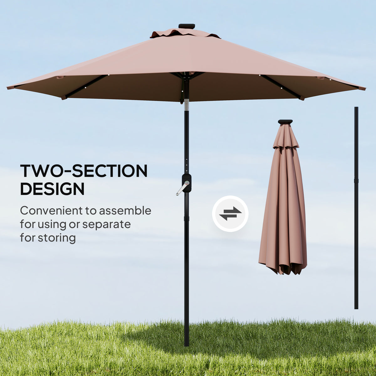 Outsunny Φ2.7m Garden 24 LED Light Parasol Solar Outdoor Tilt Sun Umbrella Patio Club Party Event Manual Sun Shade w/ Hand Crank and 8 Ribs, Brown