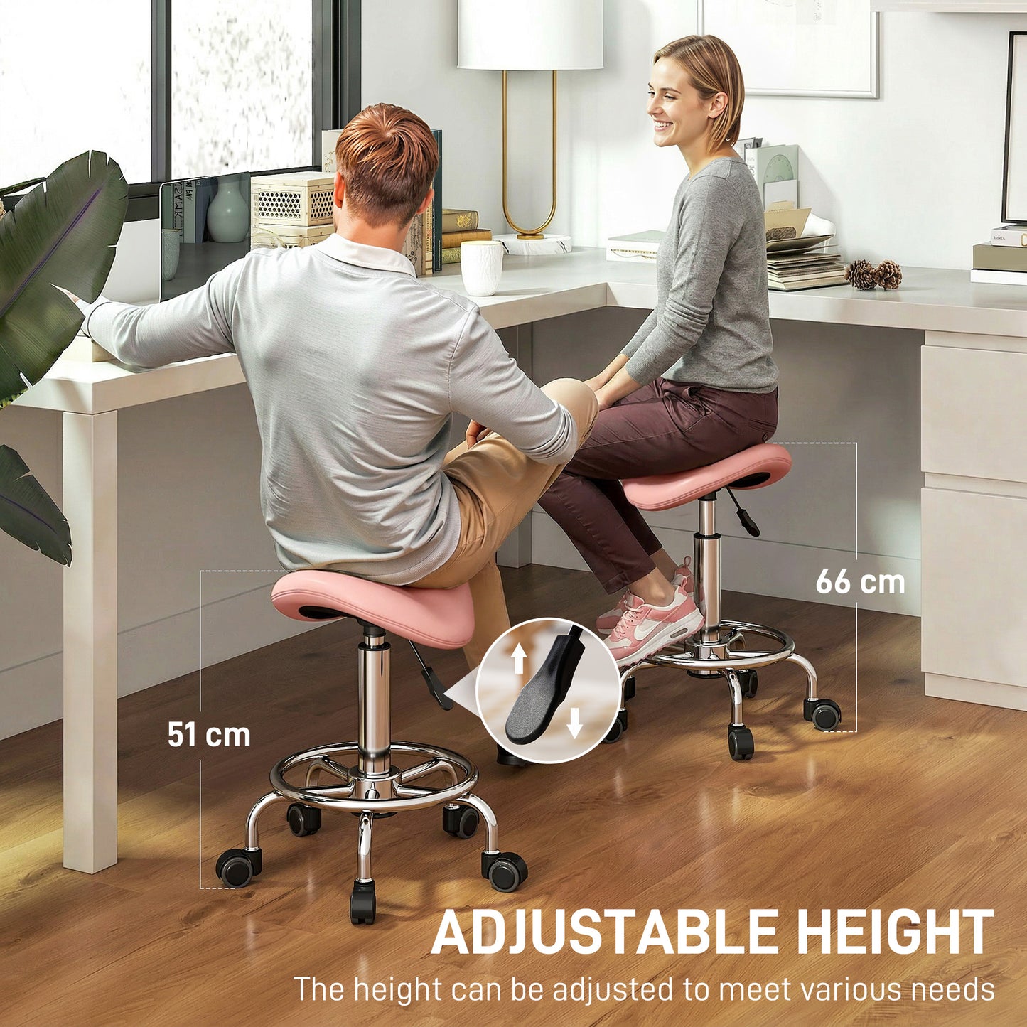 HOMCOM Salon Saddle Stool, Rolling Saddle Chair for Massage, Spa, Clinic, Beauty, Hairdressing and Tattoo, Pink