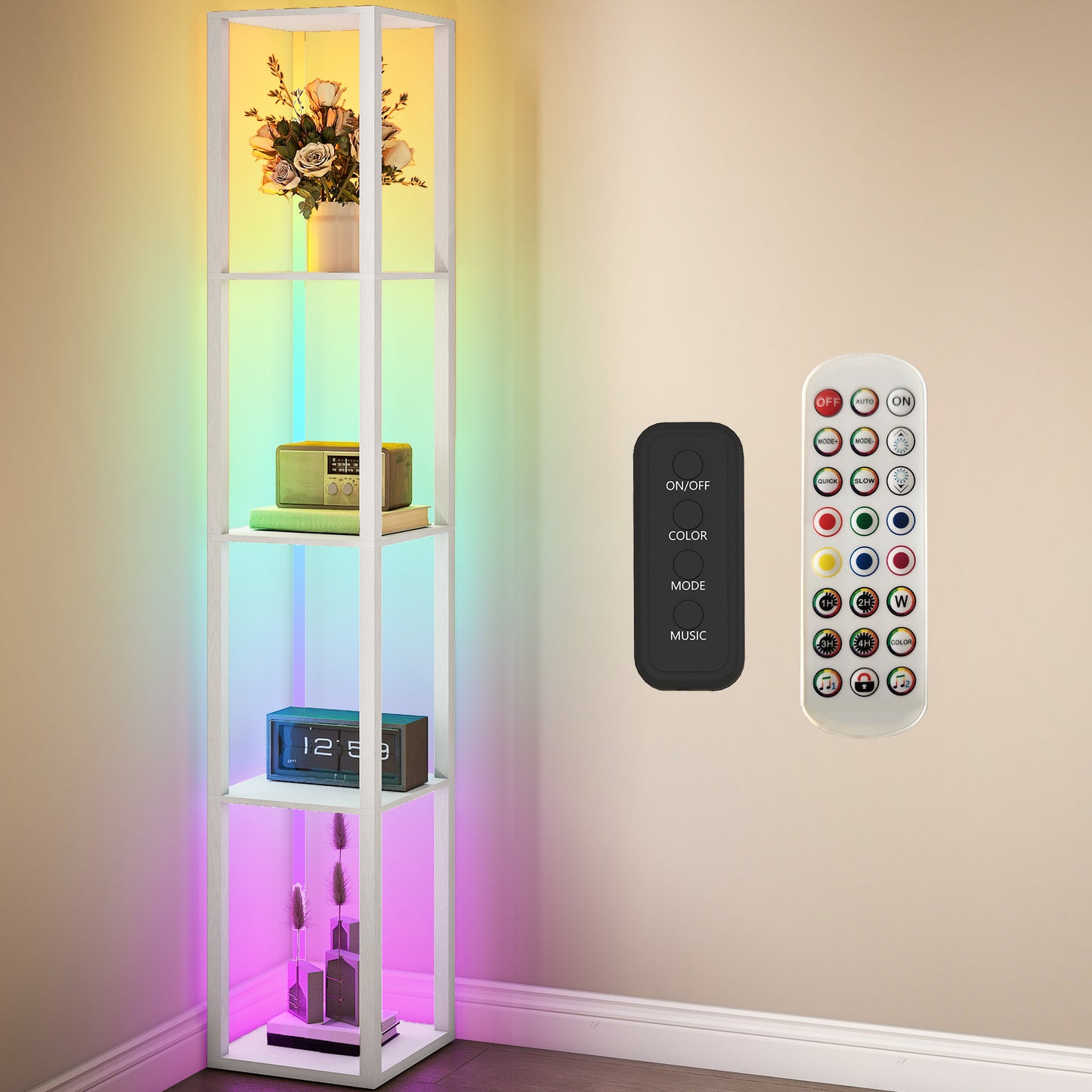 HOMCOM RGB LED Floor Lamp with Shelves, Modern Dimmable Standing Lamp with Remote Control, Adjustable Brightness & Speed for Living Room, Bedroom, Office, White