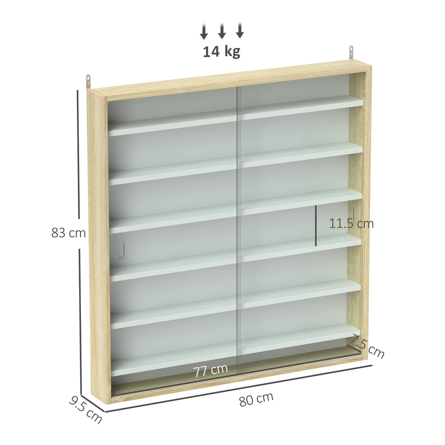HOMCOM 7-Tier Wall Display Shelf Unit Cabinet w/ 6 Adjustable Shelves Glass Doors Home Office Ornaments 83x80cm, Oak