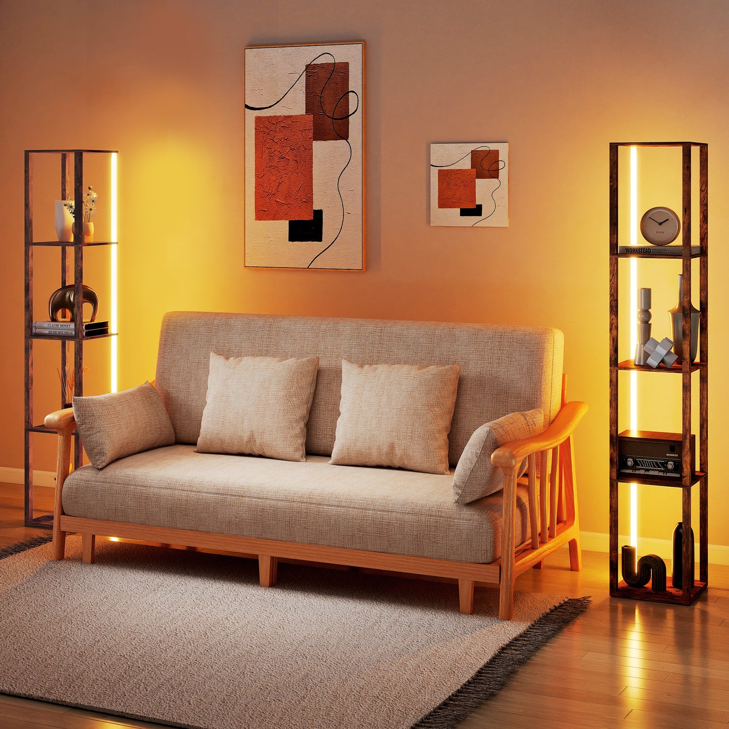 HOMCOM RGB LED Floor Lamp with Shelves, Modern Dimmable Standing Lamp with Remote Control, Adjustable Brightness & Speed for Living Room, Bedroom, Office, Rustic Brown