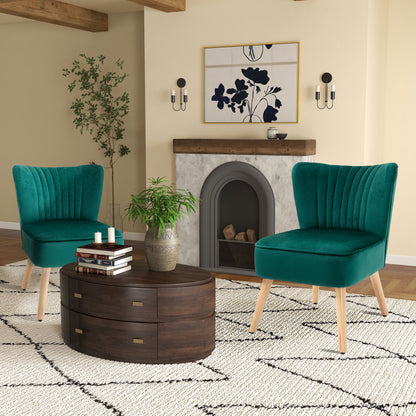 HOMCOM Velvet Accent Chair Occasional Tub Seat Padding Curved Back with Wood Frame Legs Home Furniture for Bedroom Living Room Set of 2 Green