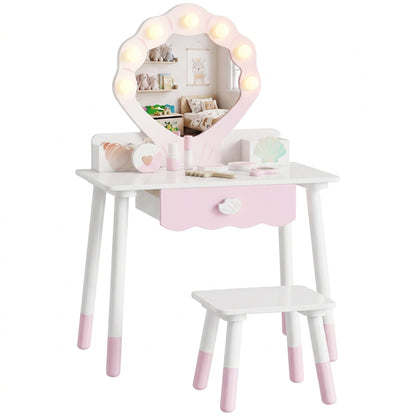 AIYAPLAY Kids Vanity Set, Kids Dressing Table with Chair, Acrylic Mirror, Lighted Bulbs, 7-Piece Accessories, for 3-8 Years, Pink