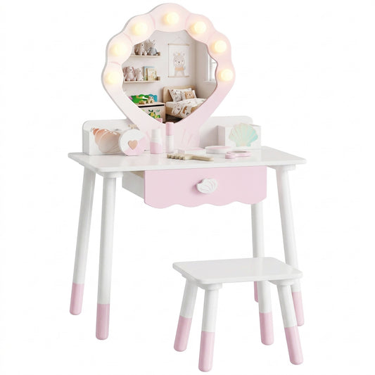 AIYAPLAY Kids Vanity Set, Kids Dressing Table with Chair, Acrylic Mirror, Lighted Bulbs, 7-Piece Accessories, for 3-8 Years, Pink