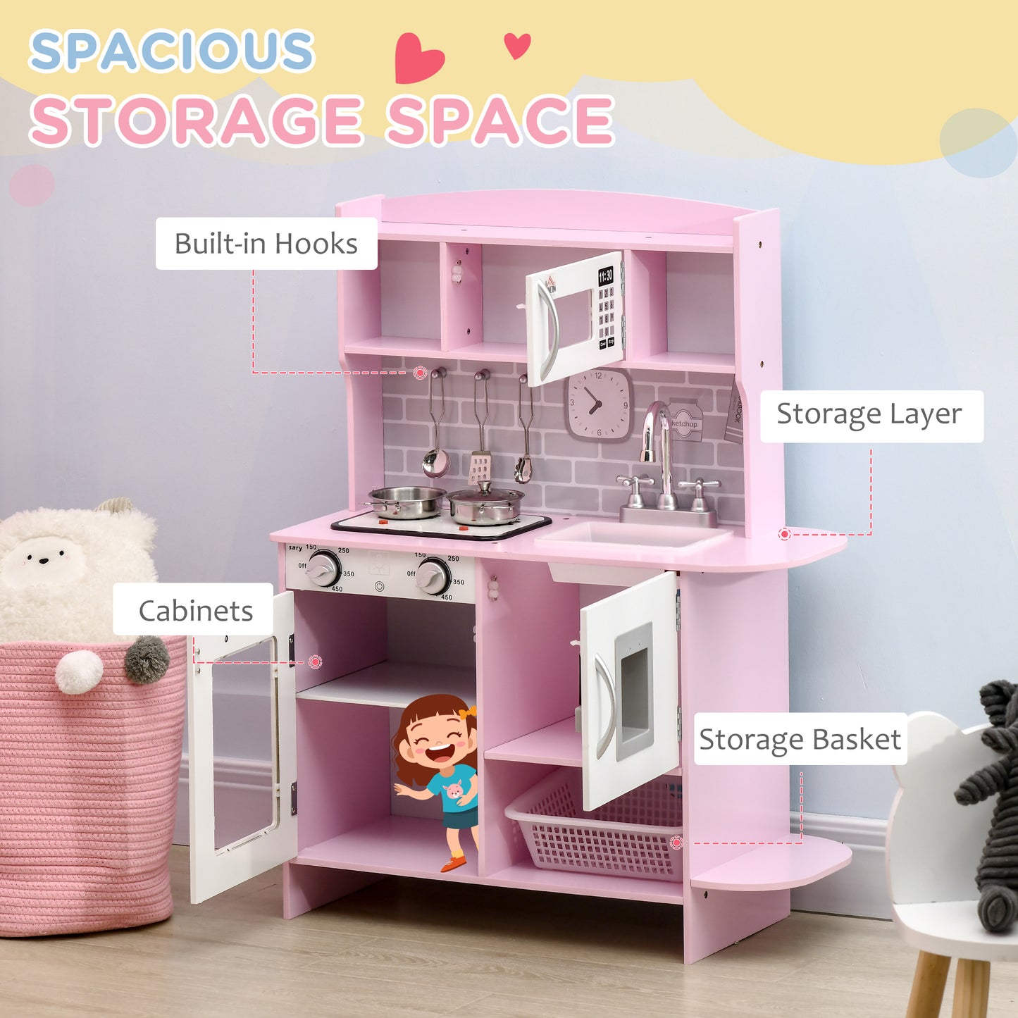 HOMCOM Kids Kitchen Playset, with Lights, Sounds, Microwave, Sink and Storage - Pink--ChewyGames-ChewyGames
