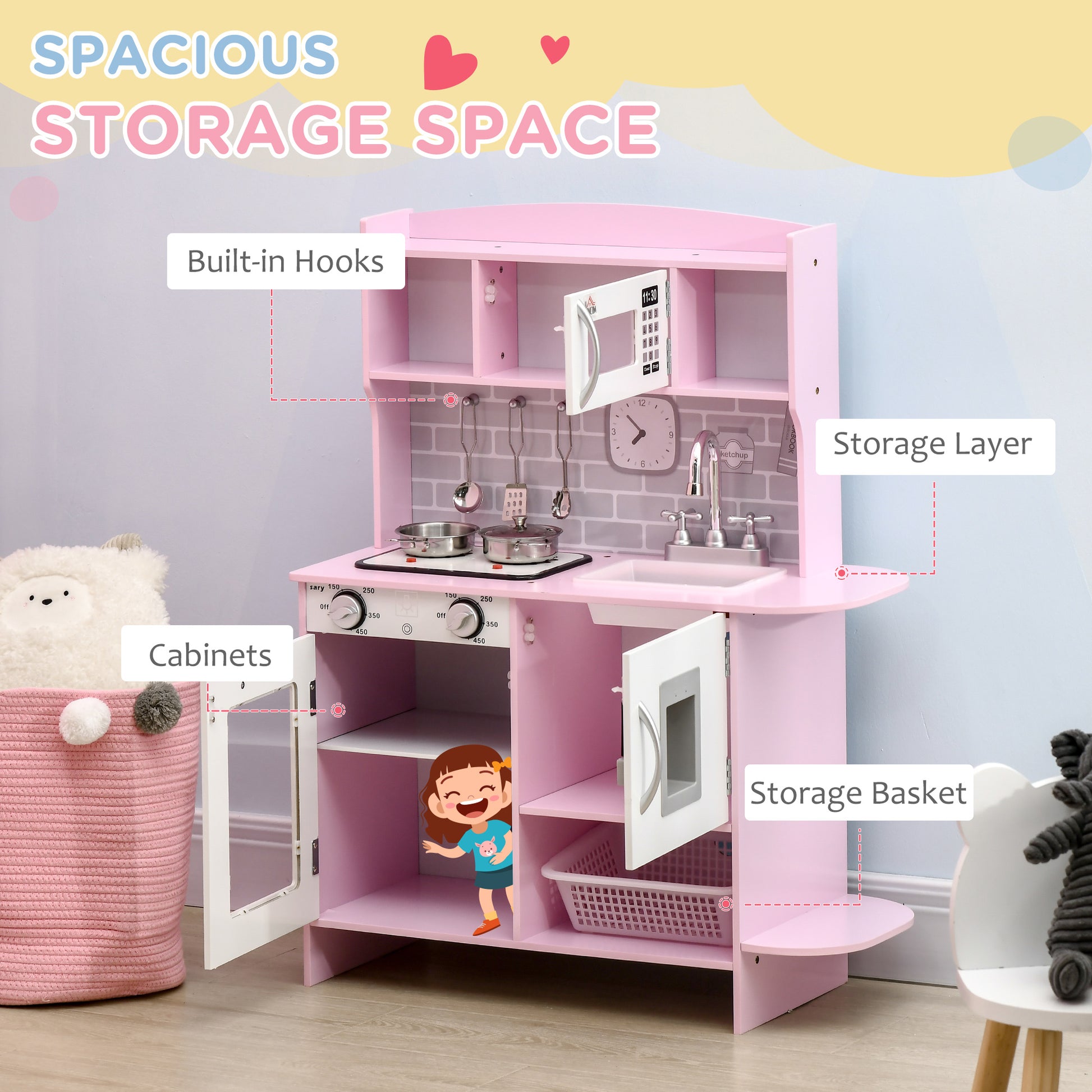 HOMCOM Kids Kitchen Playset, with Lights, Sounds, Microwave, Sink and Storage - Pink--ChewyGames-ChewyGames