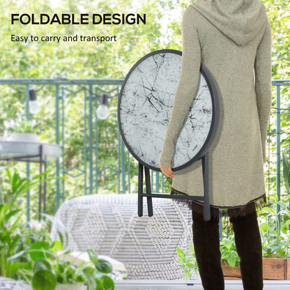Outsunny Φ45cm Garden Side Table, Outdoor Round Folding Patio Table with Imitation Marble Glass Top, Small Coffee Table, White