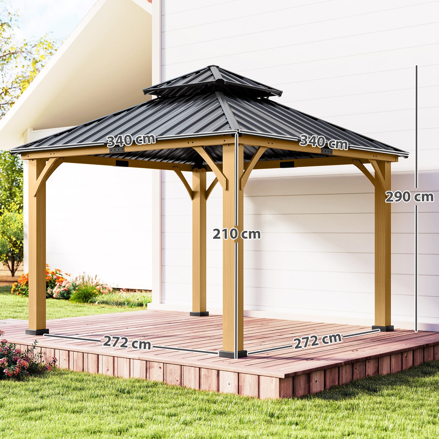 Outsunny 3.5 x 3.5m Outdoor Hardtop Gazebo Canopy with Two-tier Metal Roof and Solid Wood Frame Outdoor Patio Shelter for Patio, Garden, Black