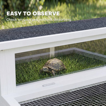 PawHut Wooden Tortoise House, Tortoise Enclosure with Clear Observation Window, Top Opening, Multiple Doors, Galvanised Mesh