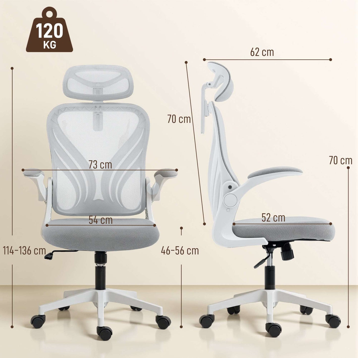HOMCOM Ergonomic Office Chair with Foldable Backrest, 2D Headrest - Light Grey
