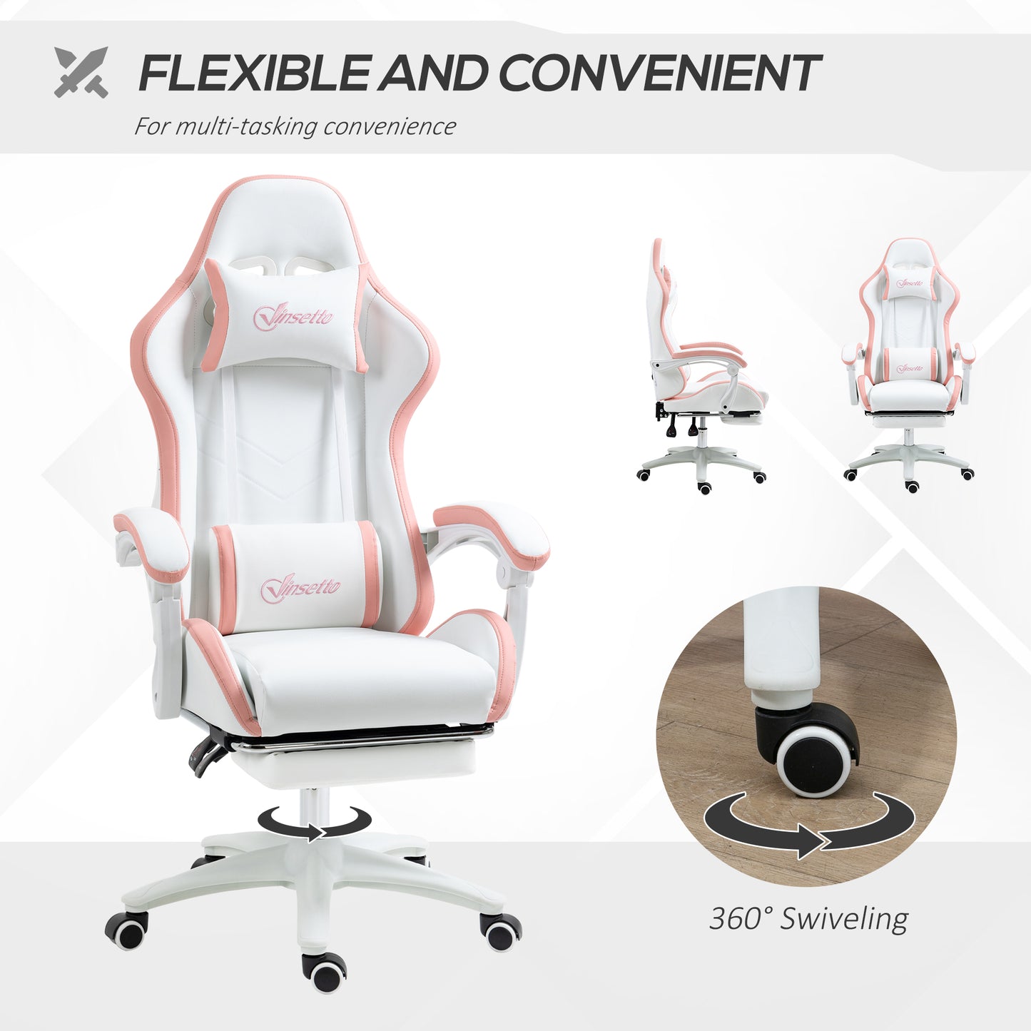 Vinsetto Computer Gaming Chair, PU Leather Office Desk Chair with Footrest, Swivel Wheels, 135° Reclining Back, Lumbar Support, Headrest for Home, White and Pink