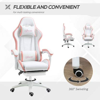 Vinsetto Computer Gaming Chair, PU Leather Office Desk Chair with Footrest, Swivel Wheels, 135° Reclining Back, Lumbar Support, Headrest for Home, White and Pink