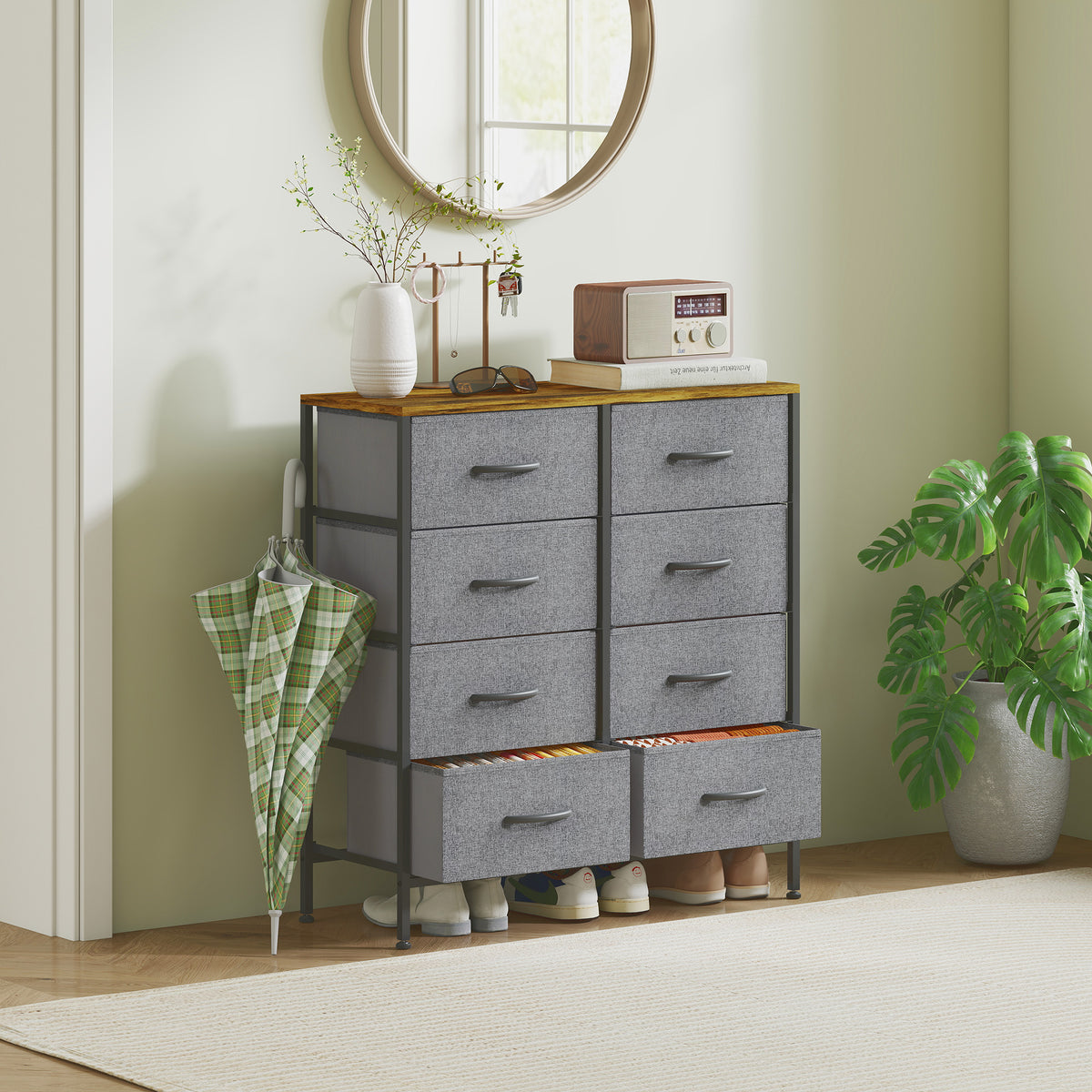HOMCOM Fabric Chest of Drawers, Industrial Bedroom Dresser with 8 Fabric Drawers, Steel Frame and Wooden Top for Nursery, Living Room, Hallway, Rustic Brown and Grey-Dressers-ChewyGames-HOMCOM