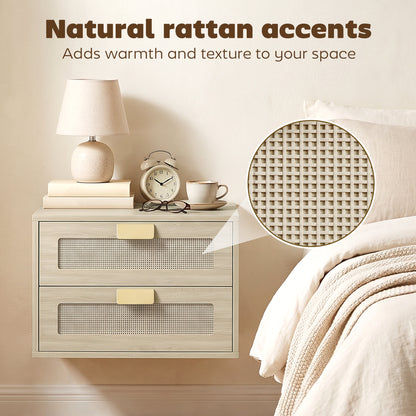 HOMCOM Modern Floating Nightstands Set of 2, Wall Mounted Bedside Tables with 2 Drawers, Oak